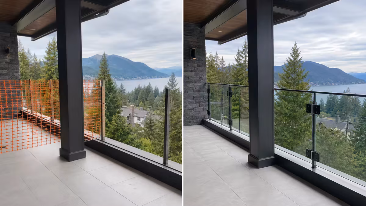Before and after comparison of an unfinished balcony railing area completed with glass railing panels