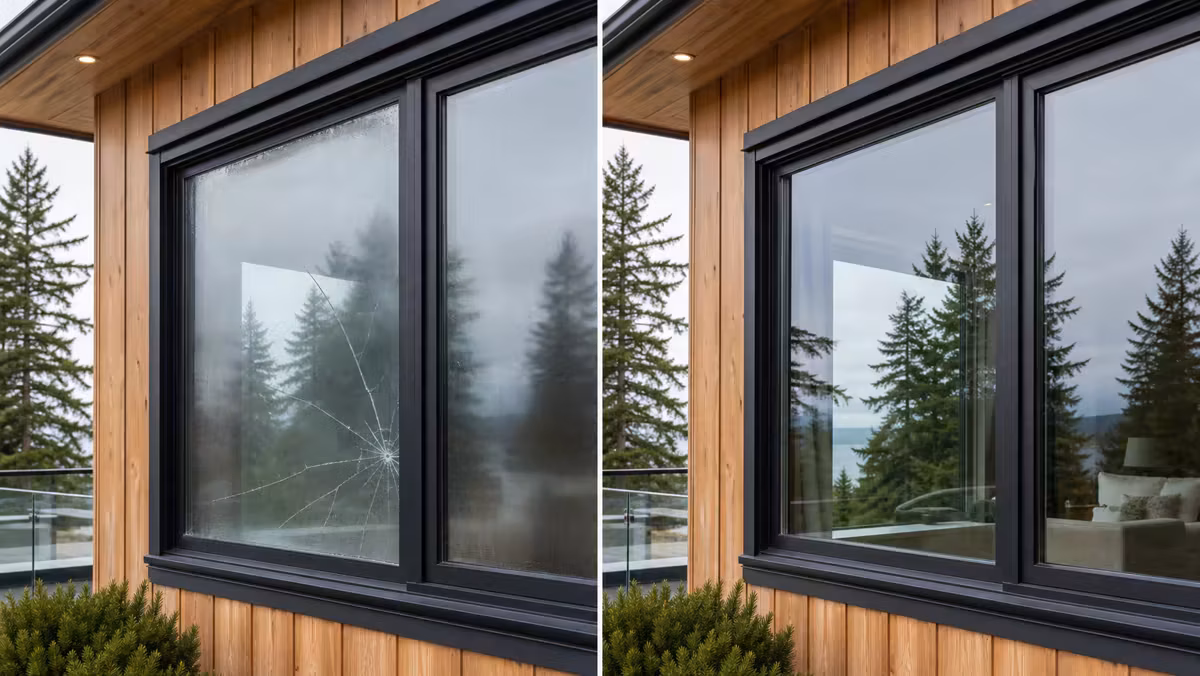 Before and after comparison of a foggy cracked residential window replaced with clear glass