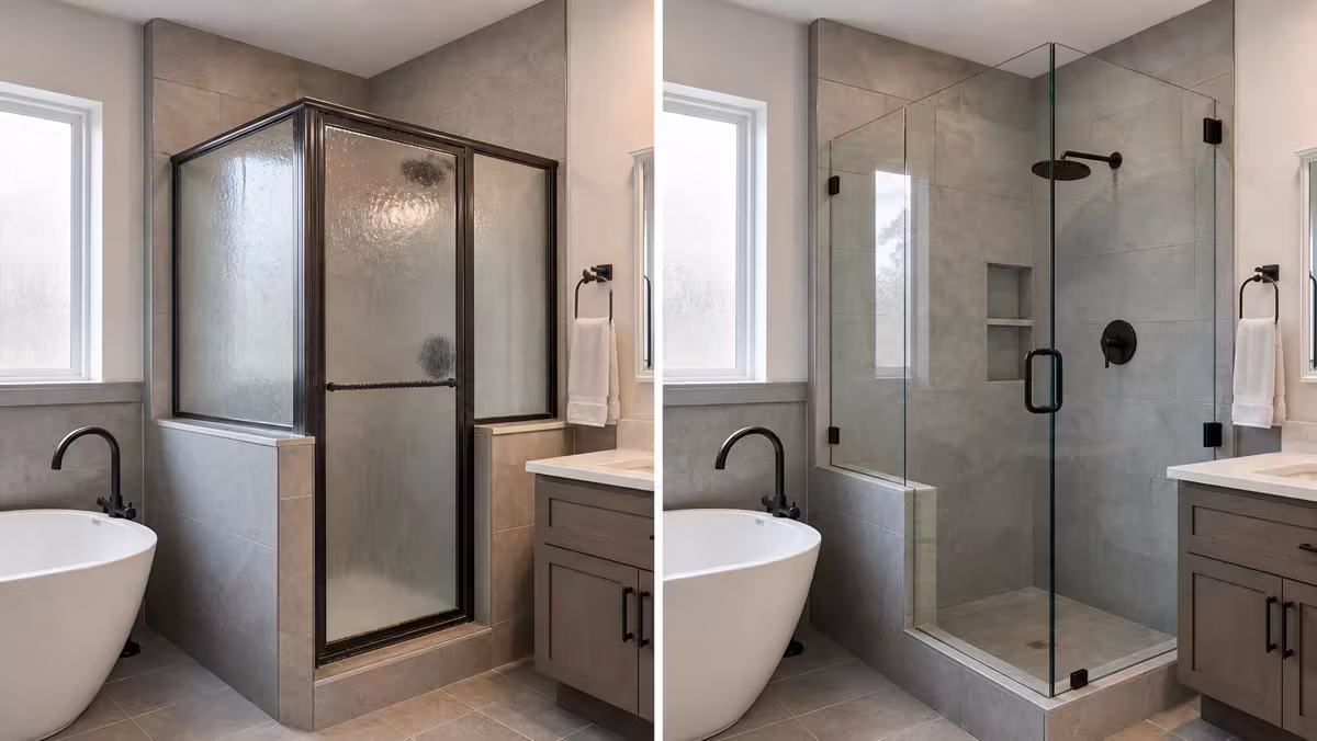 Before and after comparison of an older framed shower enclosure replaced with frameless shower glass