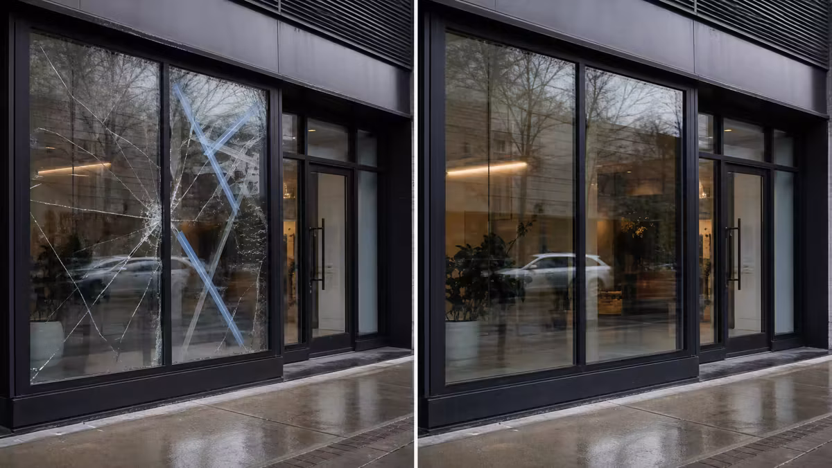 Before and after comparison of damaged storefront glass replaced with clean commercial glass