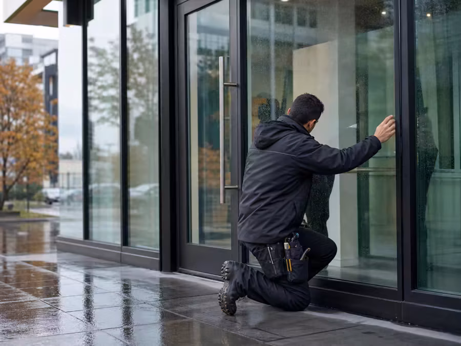Commercial glass inspection at a modern Metro Vancouver storefront