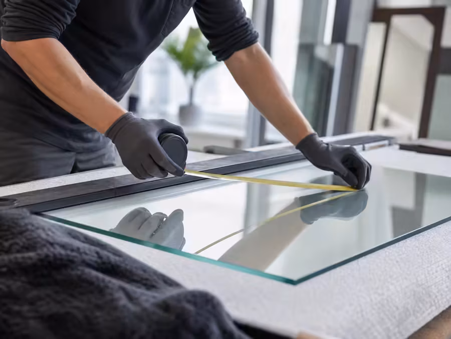 Custom glass panel being measured on a padded work surface