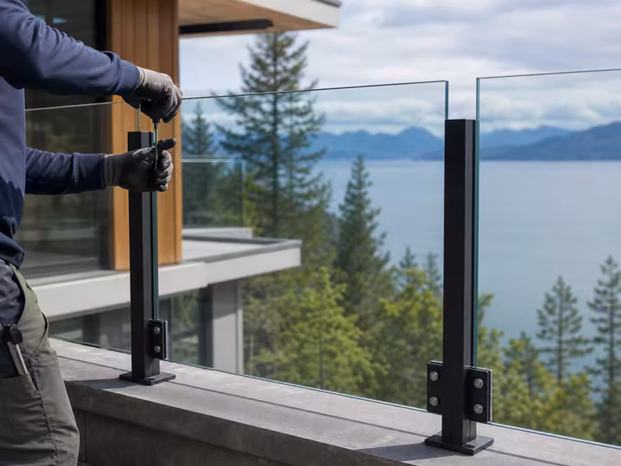 Glass railing panel being aligned on a modern balcony with a BC coastal view