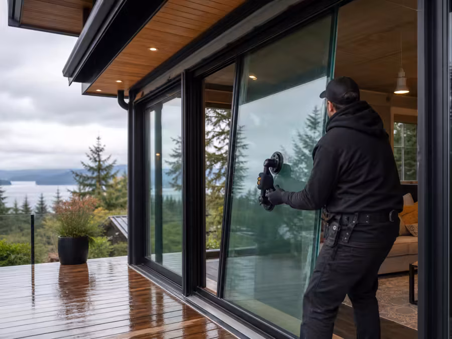 Sliding patio door glass panel being installed at a coastal British Columbia home