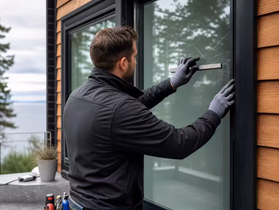 Residential window glass inspection at a modern British Columbia home