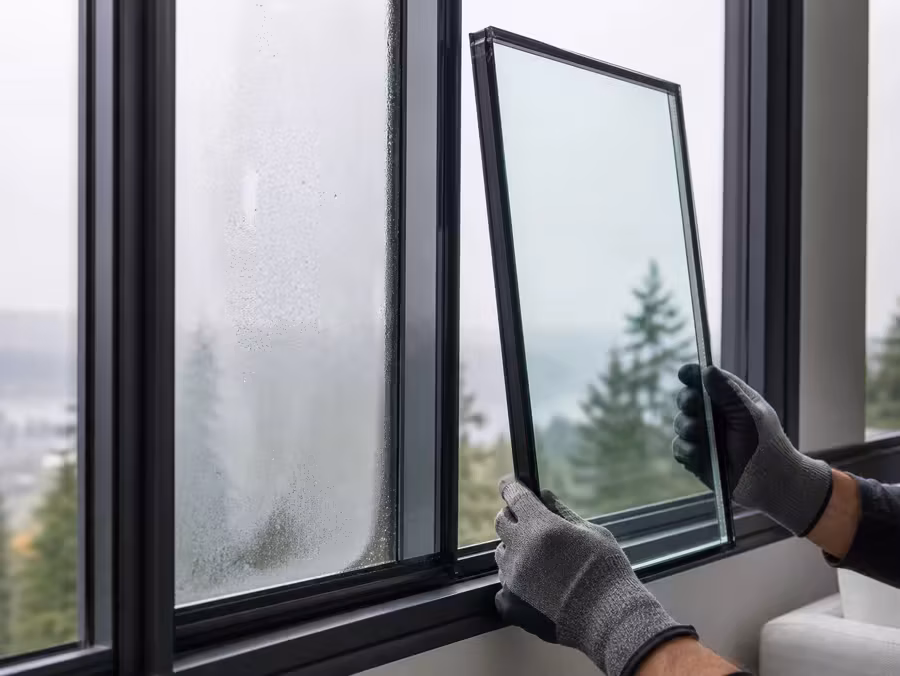 Foggy failed sealed glass unit being replaced beside a clean window frame