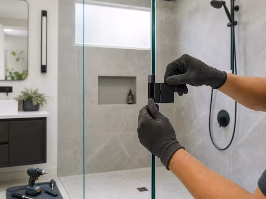Frameless shower glass hardware being adjusted in a modern bathroom