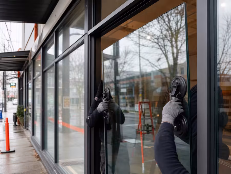 Storefront glass panel being positioned with suction cups on a rainy BC street