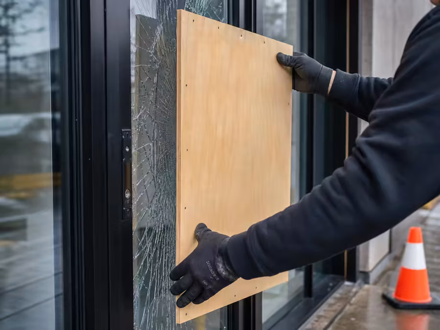Temporary board-up protection being placed over damaged glass