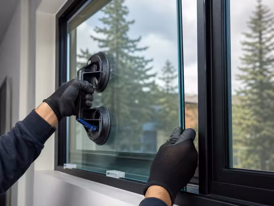 Replacement window glass being aligned in a black residential frame